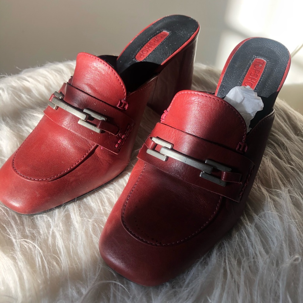 Maroon/ red loafer mules